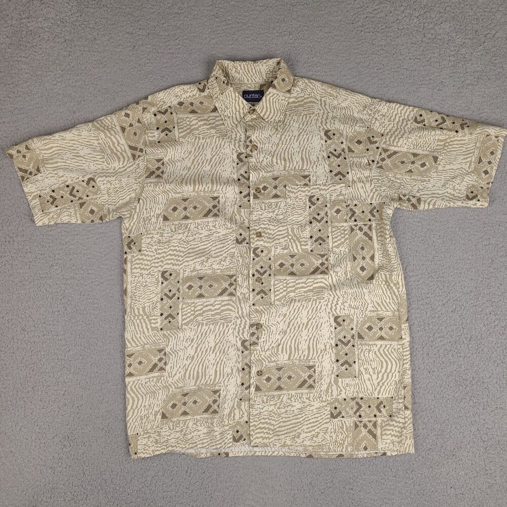 Vintage Puritan Shirt Mens Medium Beige 90's Button Down Viscose Rayon Hawaiian‎